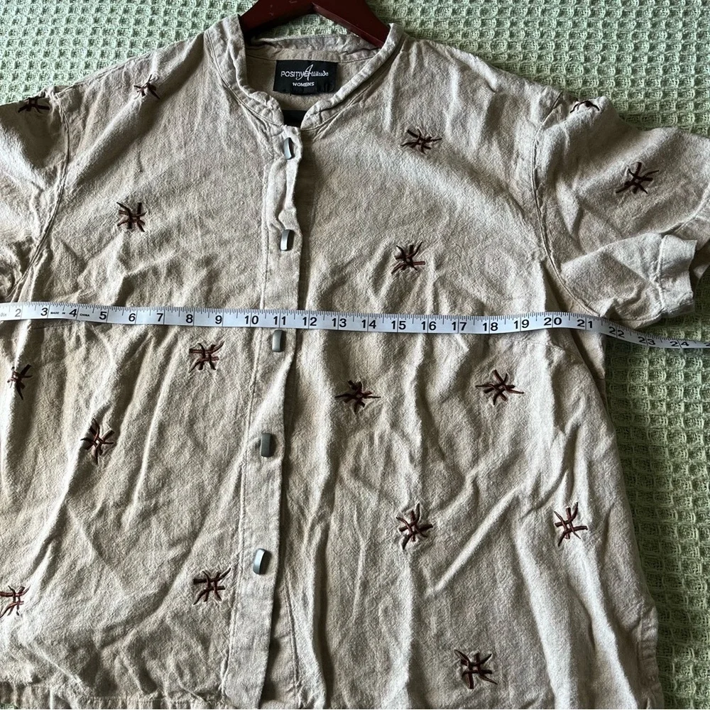 Vintage Positive Attitude Button Up Short Sleeved Linen Type Shirt Tan Floral - Picture 11 of 11